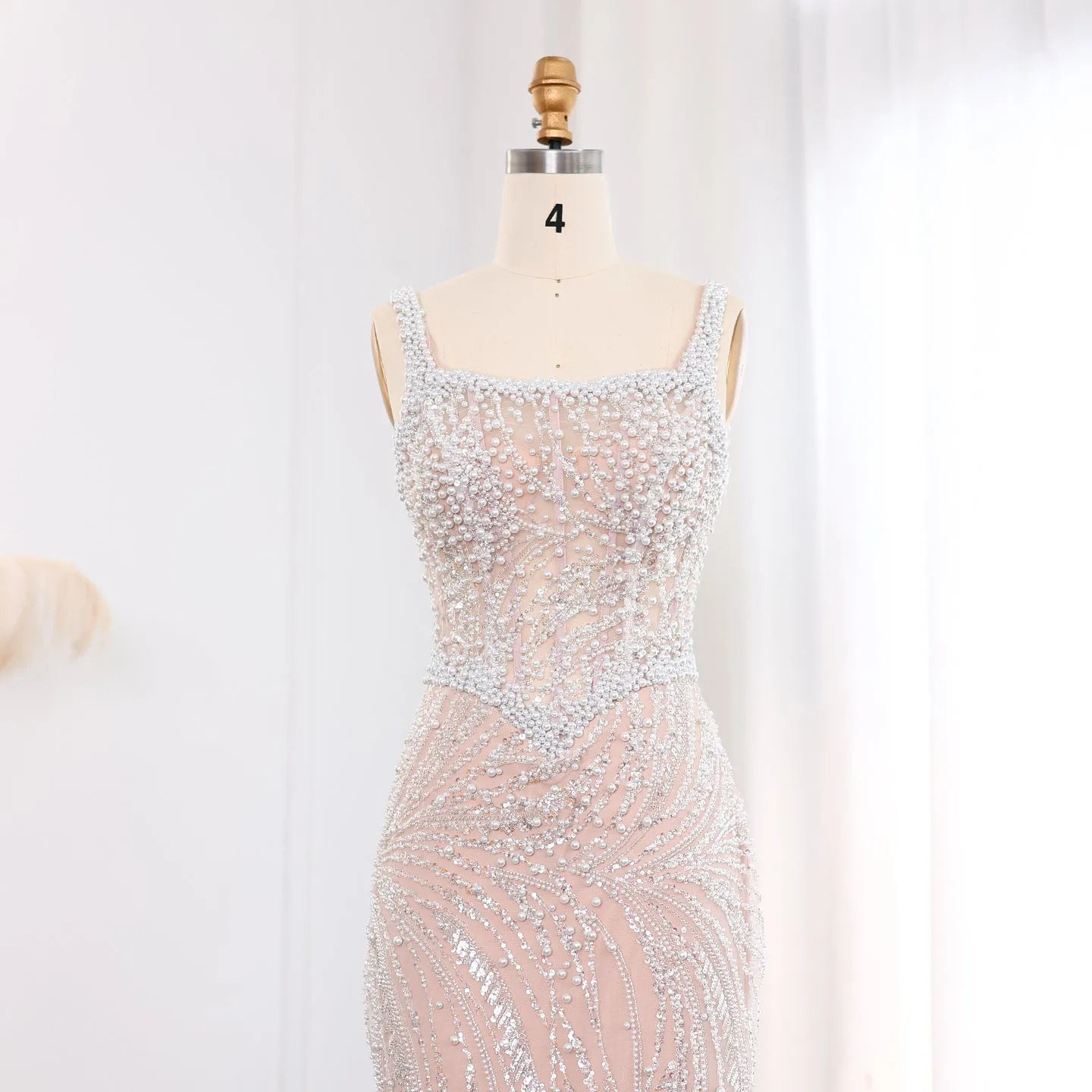 Elegant Mermaid White Nude Pearls Evening Dress SS134