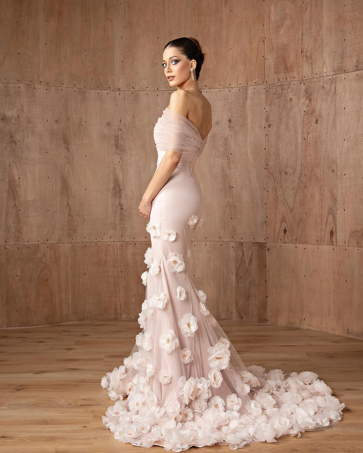 Elegant Pink 3D Flowers Off Shoulder Evening dress SF383