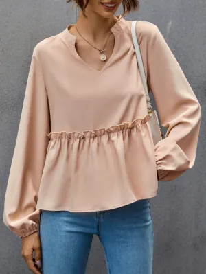 Elegant Plain Ruffle Long Sleeve Stand Collar Regular Blouse