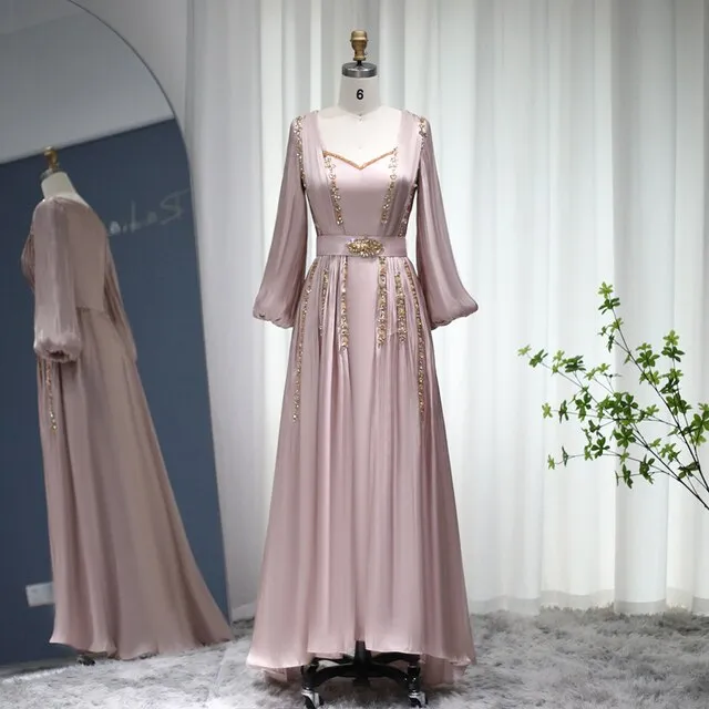 Elegant Rose Gold Long Sleeve Evening Dress SS441