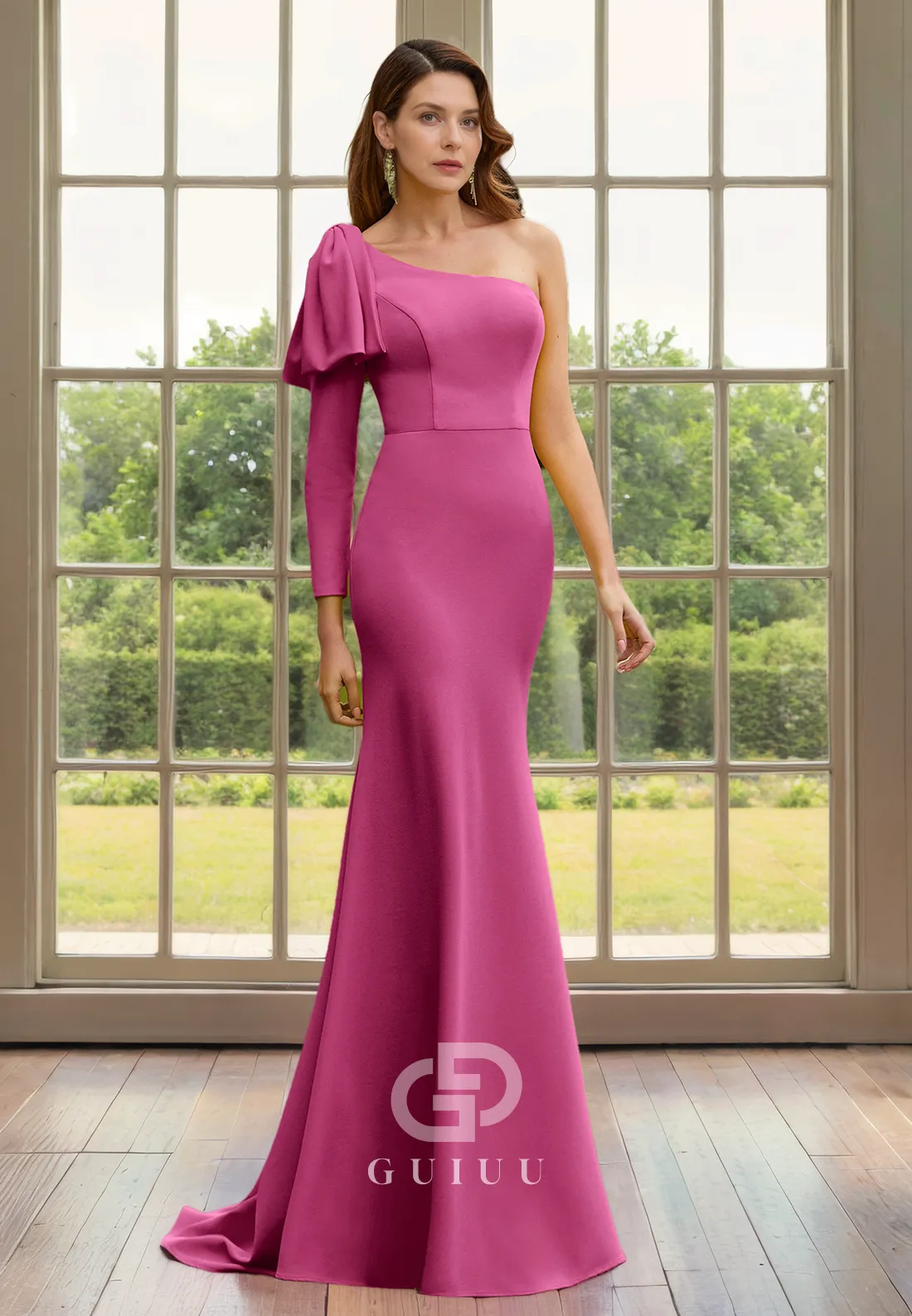 Elegant Sheath One Shoulder Long Sleeve Ruched Long Mother of Bride Dress