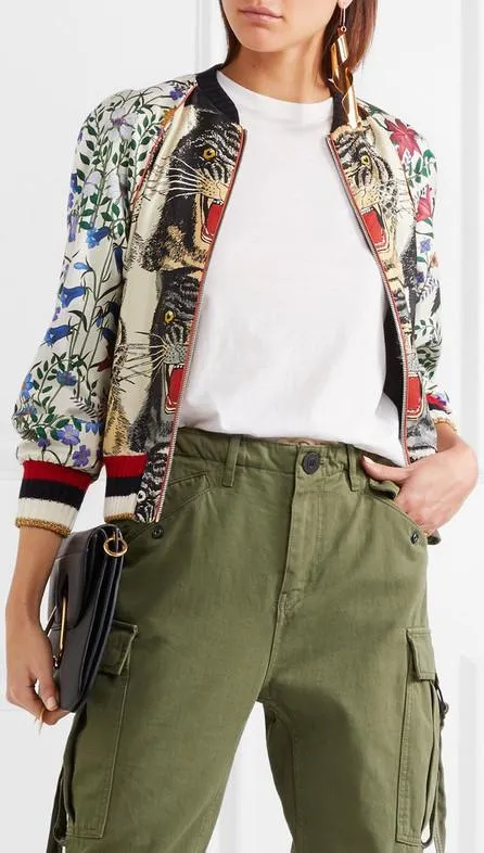 Embellished Tiger & Floral Print Bomber Jacket