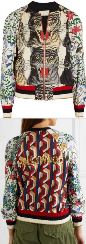 Embellished Tiger & Floral Print Bomber Jacket