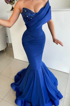 Fashionable Long Royal Blue Mermaid One Shoulder Sequined Sleeveless Prom Dress