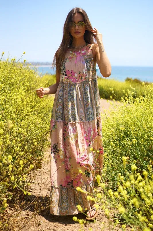 Floral Boho Stripe Mixed Maxi Dress