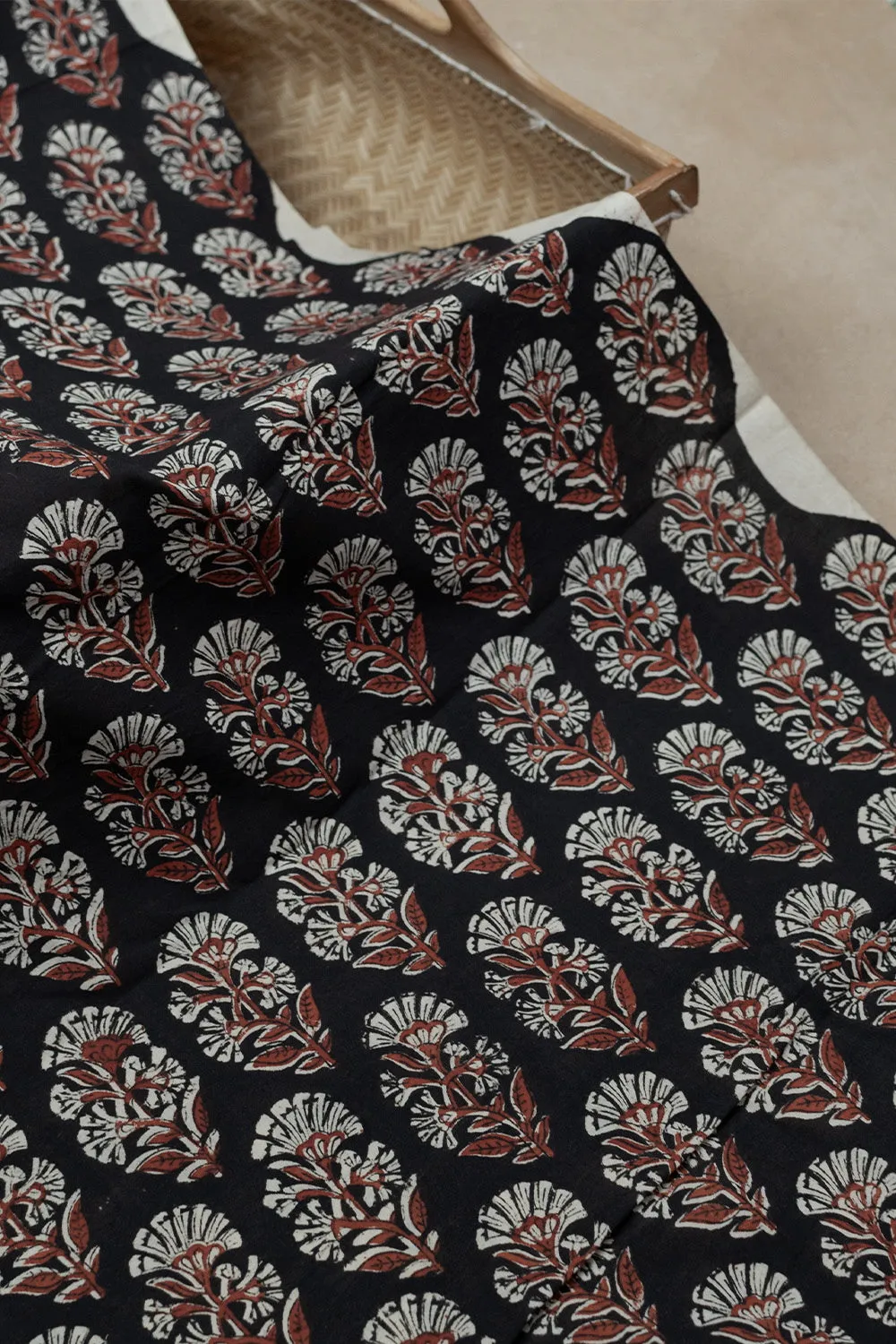 Floral Butta on Black Bagru Cotton Fabric