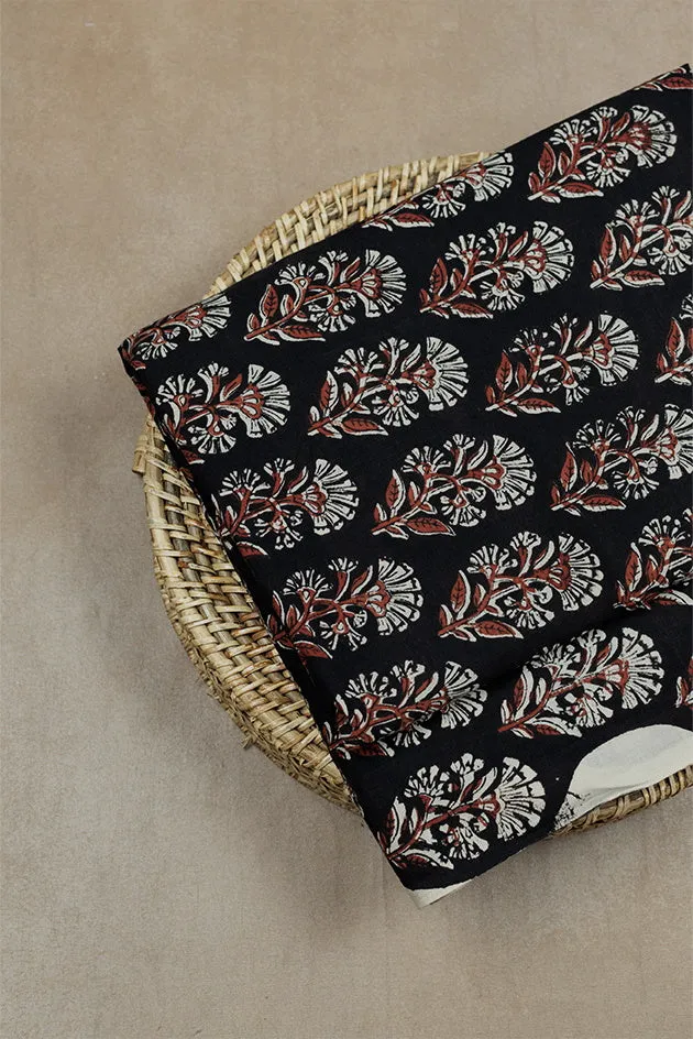 Floral Butta on Black Bagru Cotton Fabric