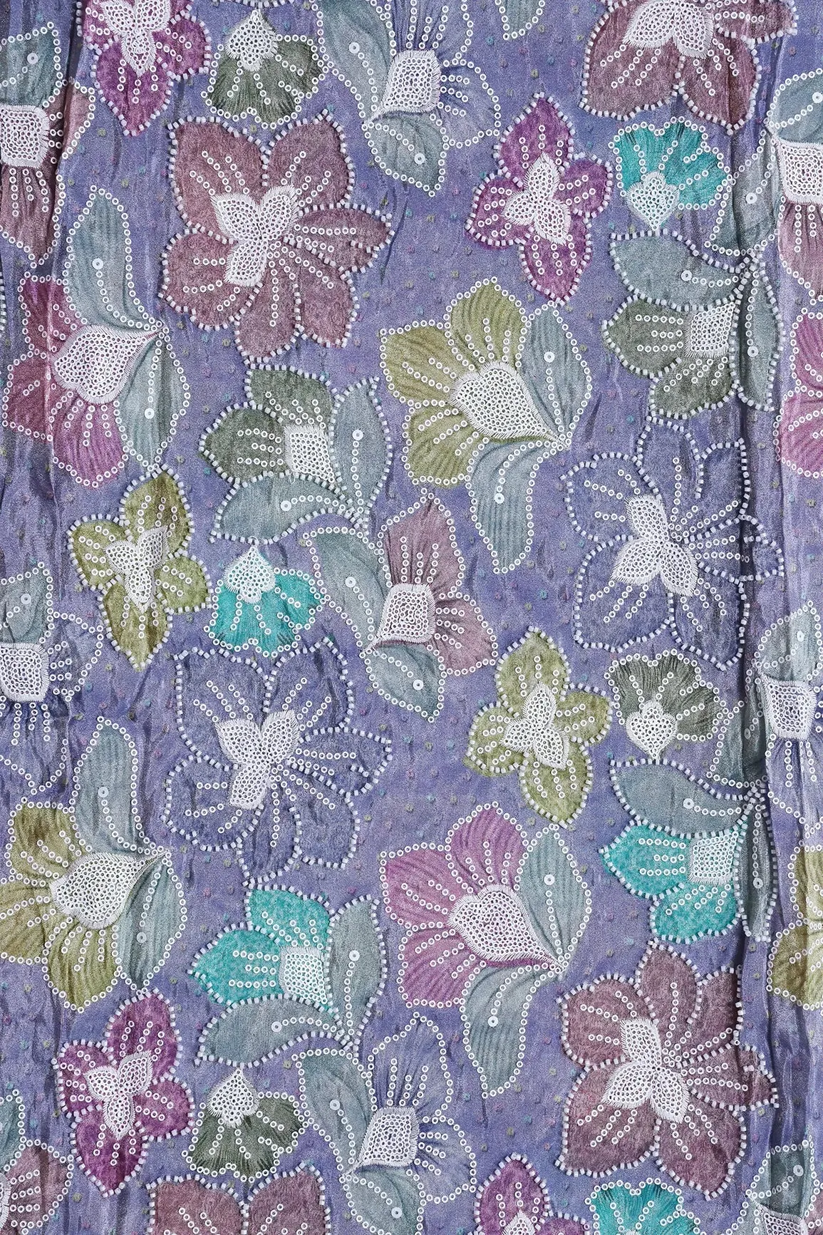 Floral Position Print With White Beads And White Sequins Embroidery On Lilac Viscose Zari Tissue Fabric