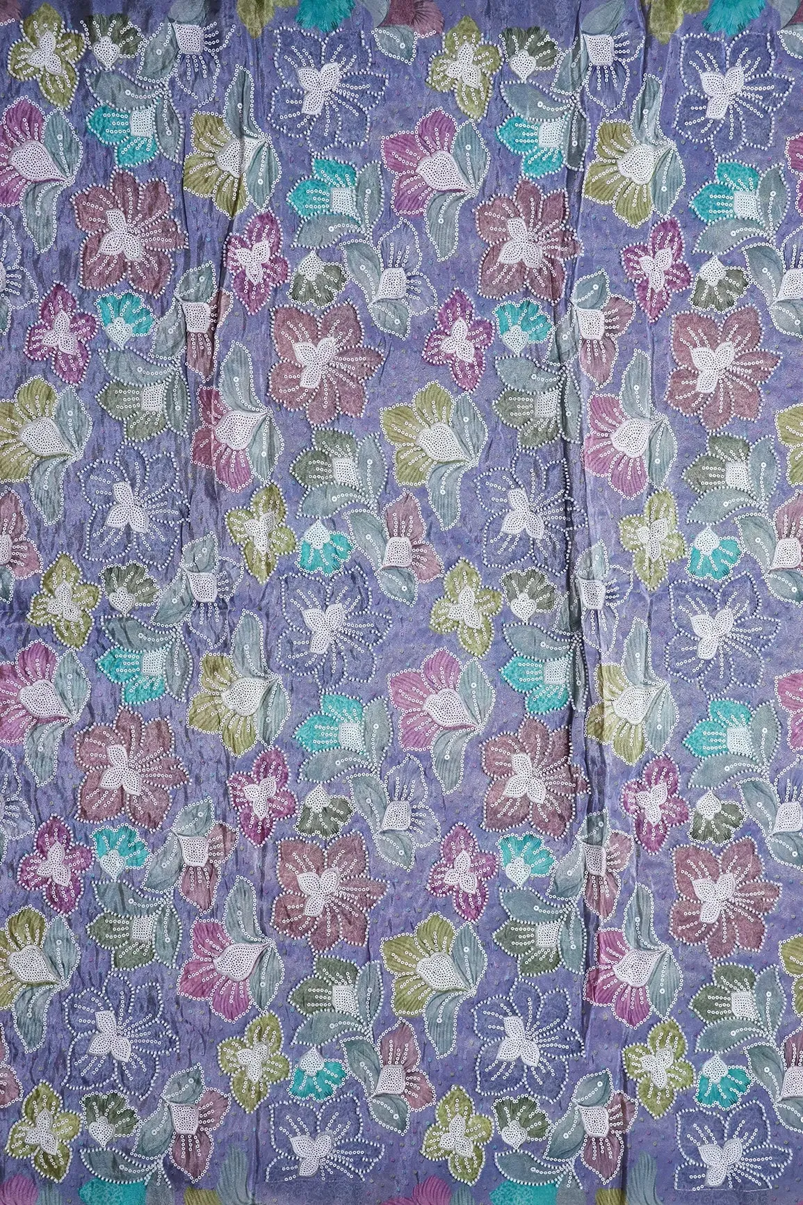 Floral Position Print With White Beads And White Sequins Embroidery On Lilac Viscose Zari Tissue Fabric