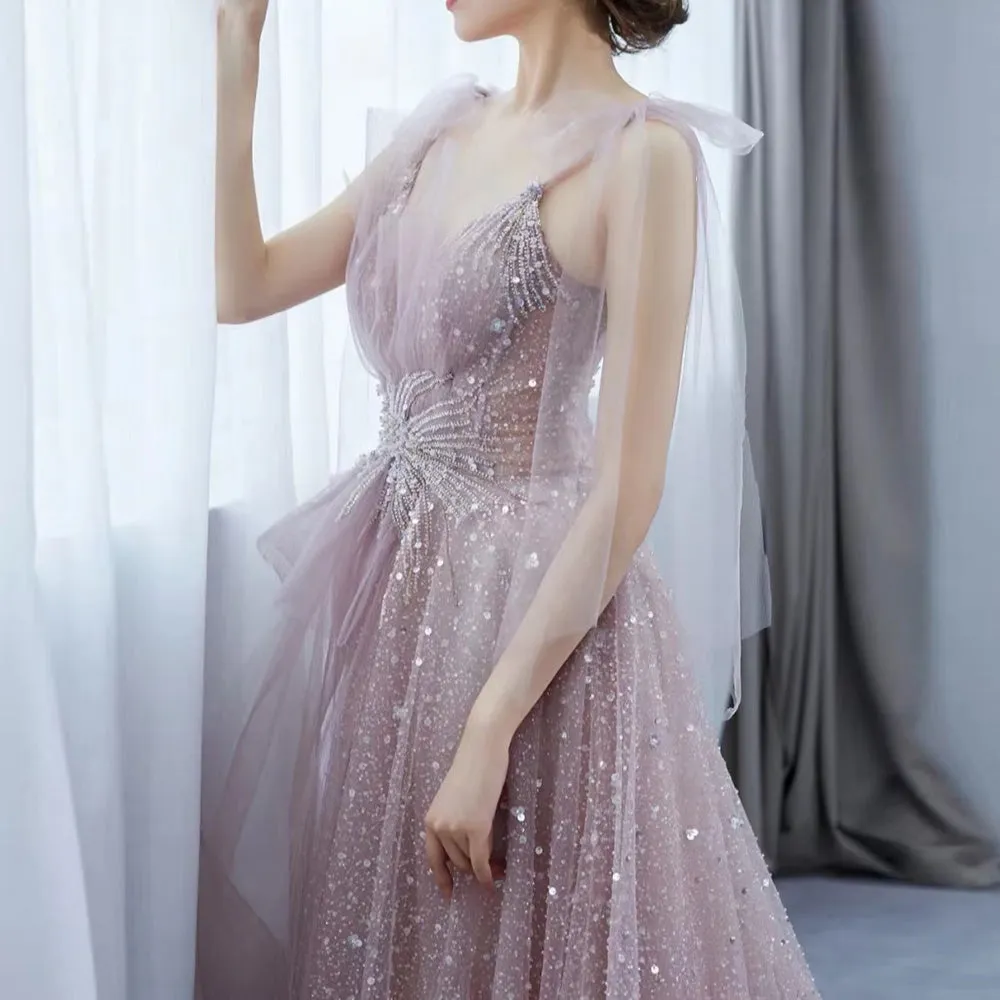 For Sale Luxury Blush Pink Spaghetti Evening Dress SS292