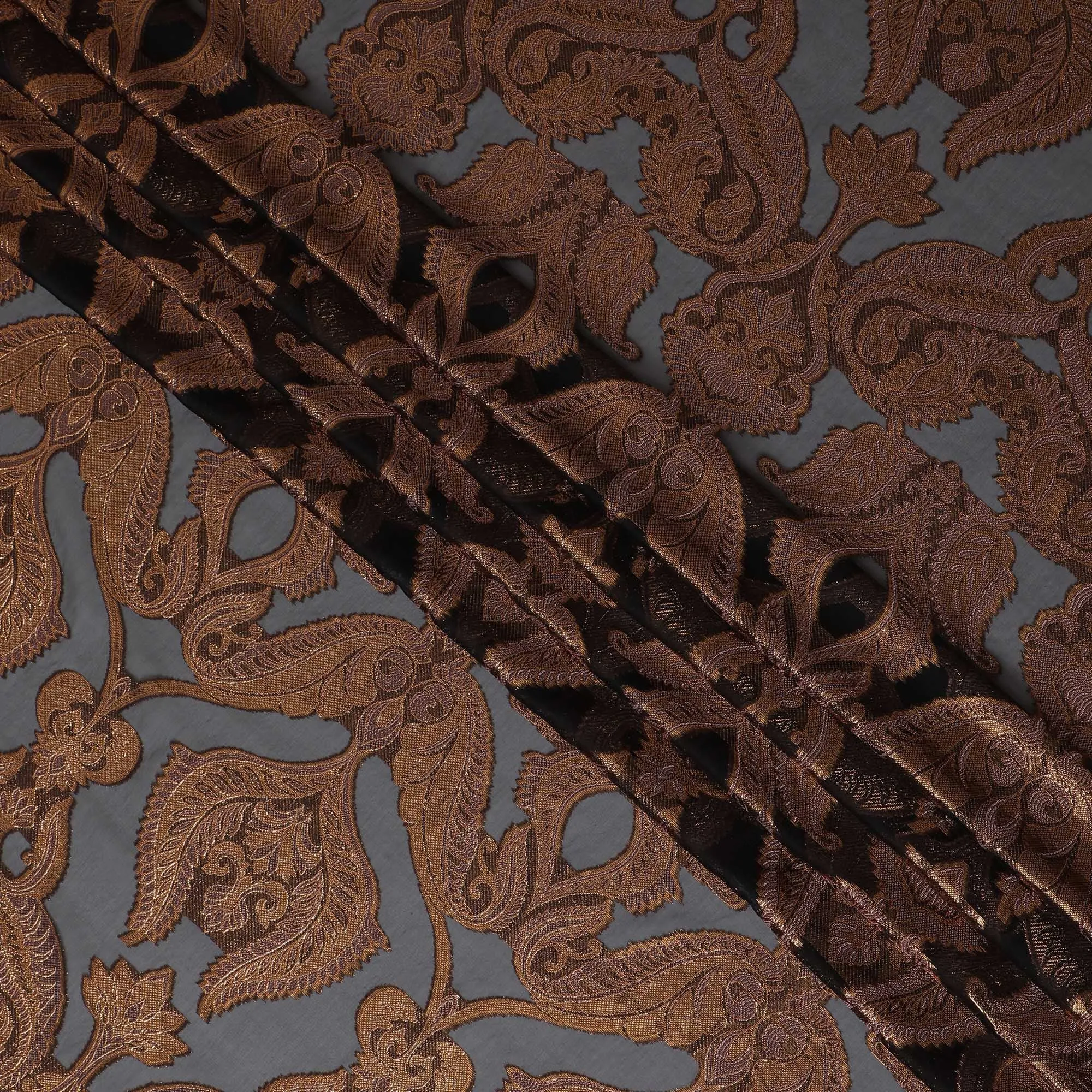 French Chocolate Brown Silk Chiffon (Fransawi) Fabric with Metallic Copper Lurex Paisley Design, 140 cm Width-D19739