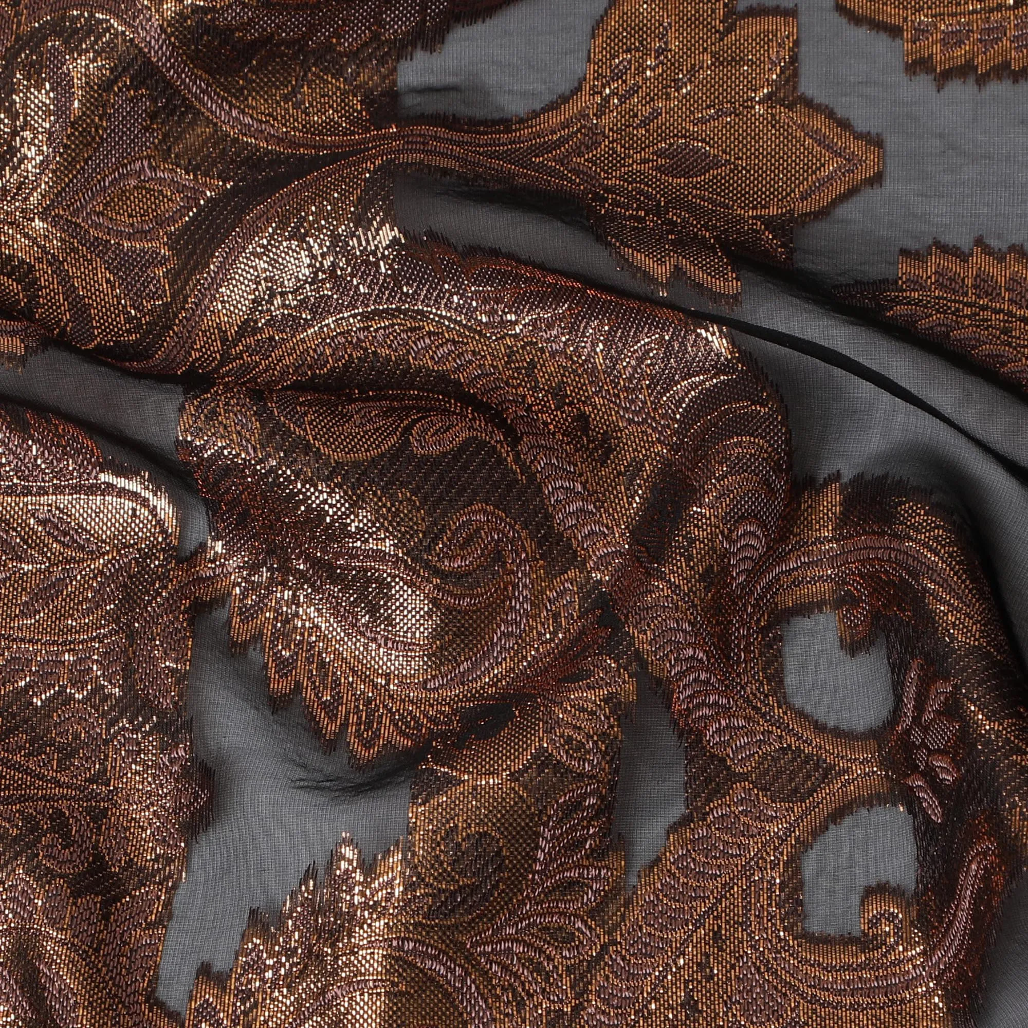 French Chocolate Brown Silk Chiffon (Fransawi) Fabric with Metallic Copper Lurex Paisley Design, 140 cm Width-D19739