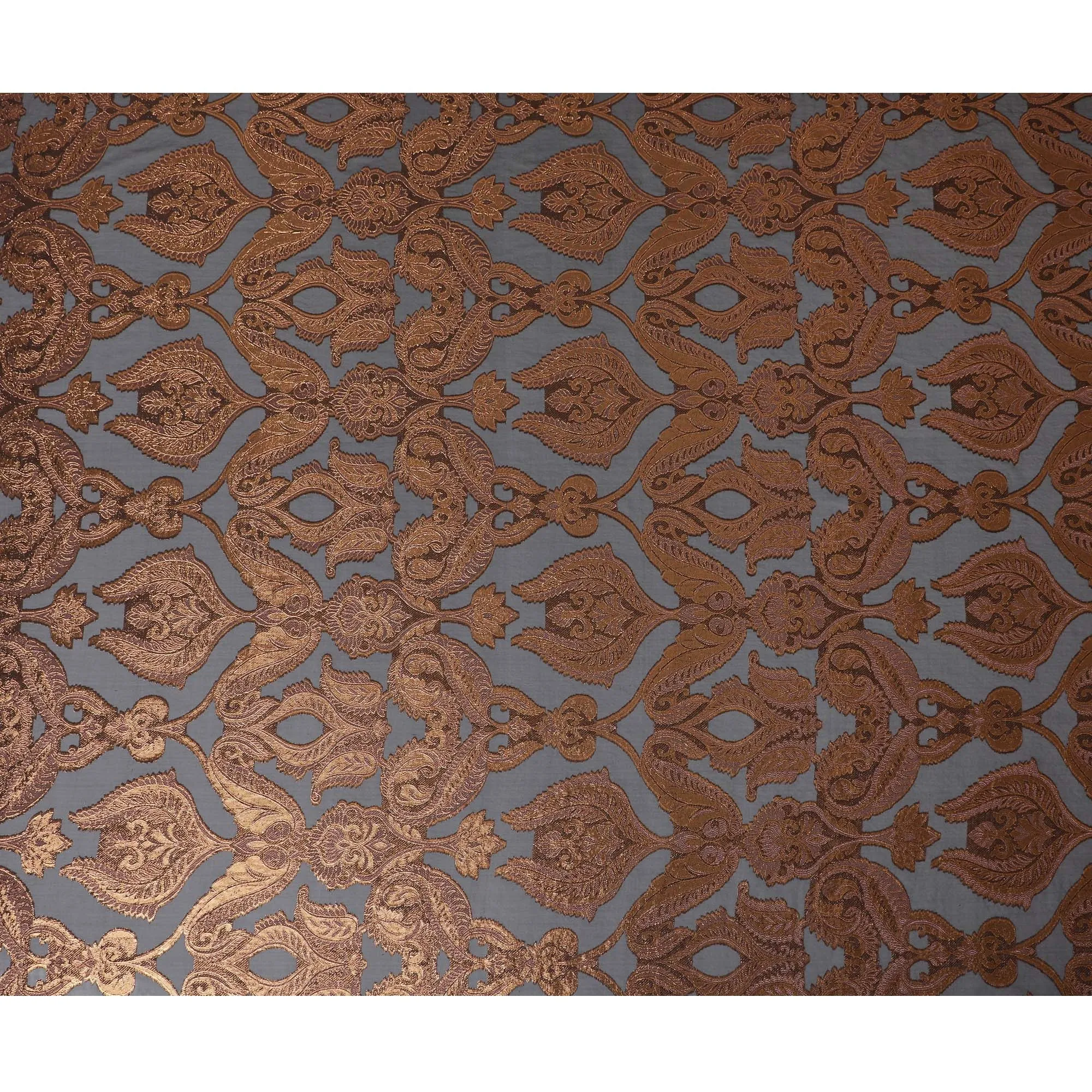 French Chocolate Brown Silk Chiffon (Fransawi) Fabric with Metallic Copper Lurex Paisley Design, 140 cm Width-D19739