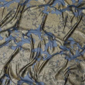 French Silk Chiffon (Fransawi) Fabric with Metallic Gold and Blue Lurex Floral Design, 140 cm Width-D19745