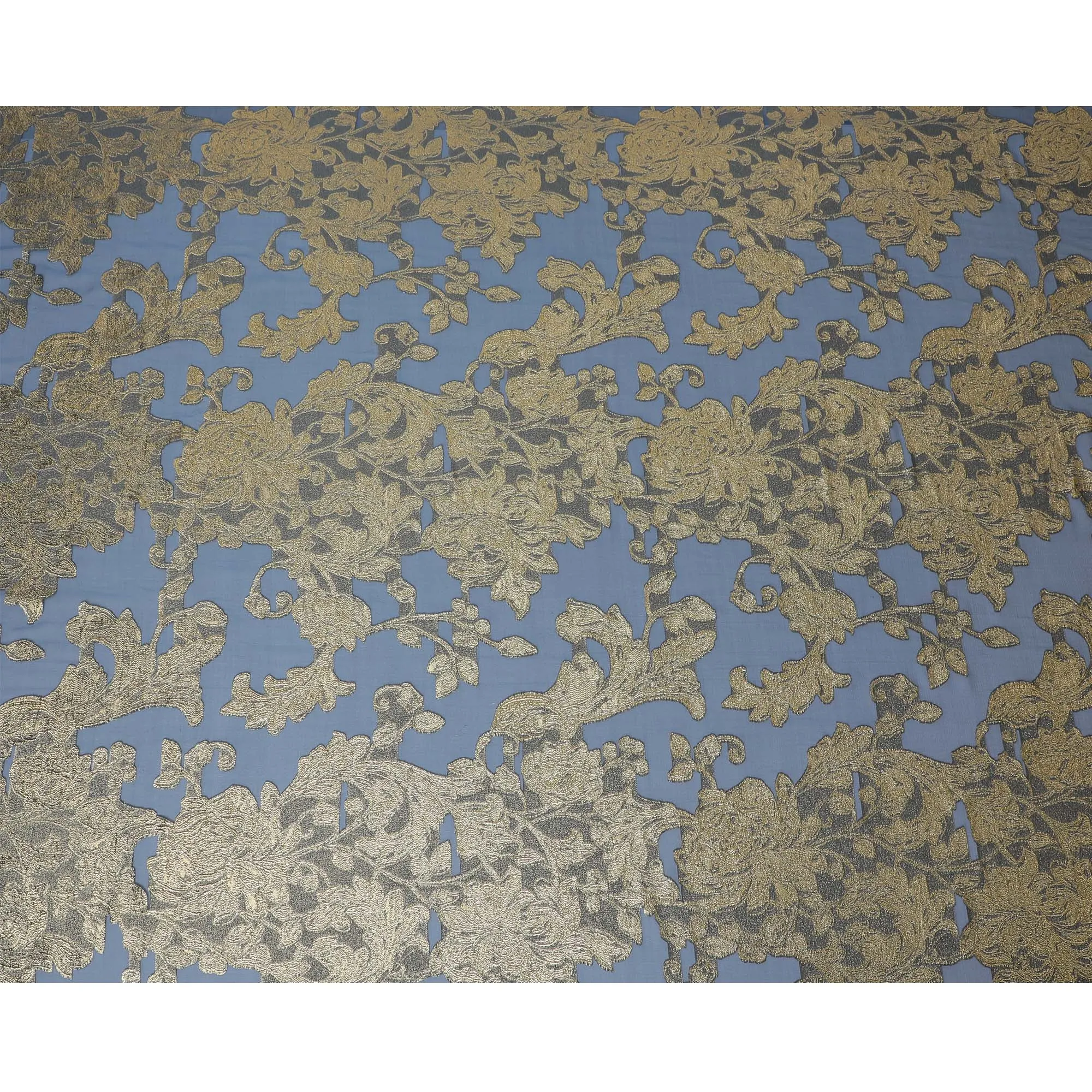 French Silk Chiffon (Fransawi) Fabric with Metallic Gold and Blue Lurex Floral Design, 140 cm Width-D19745