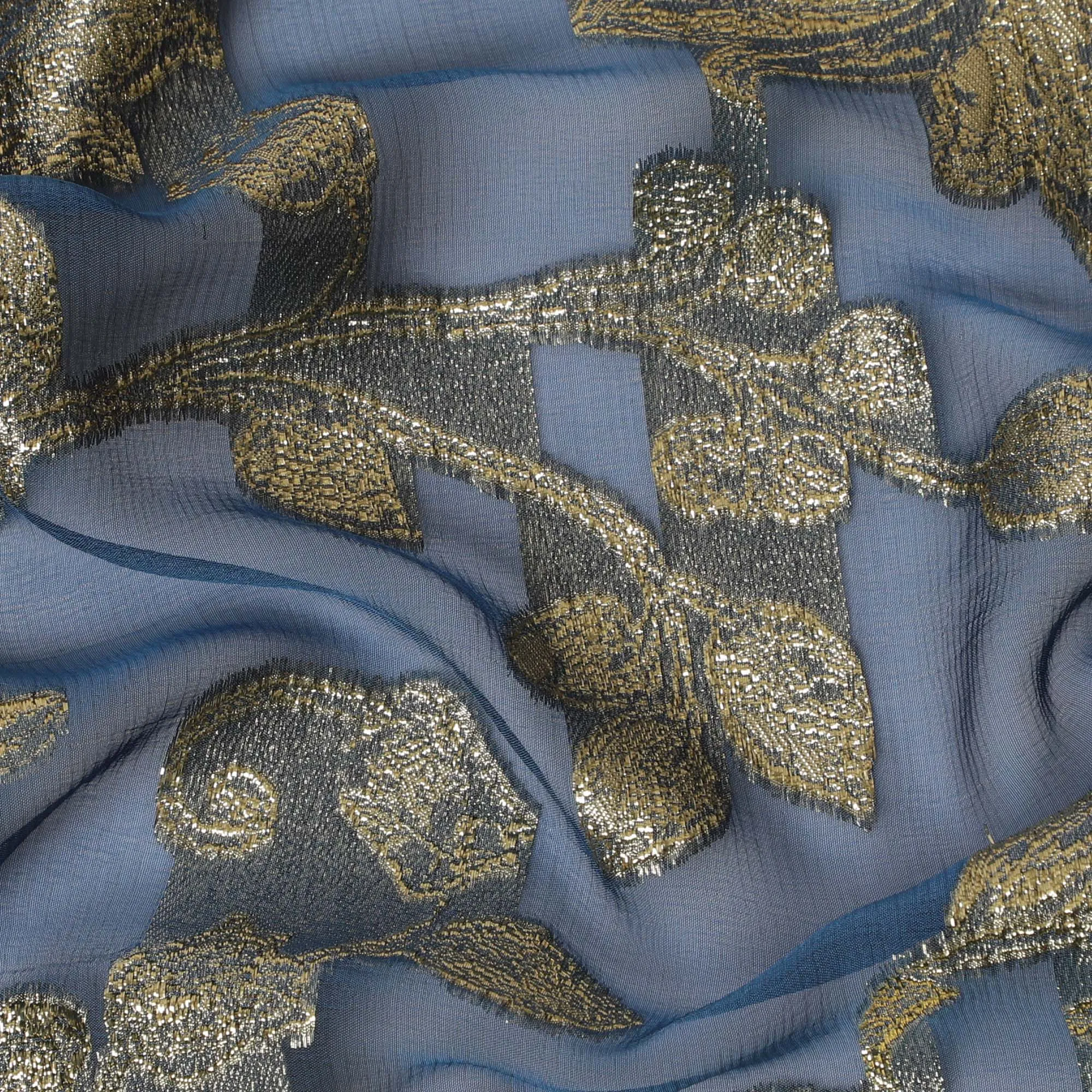 French Silk Chiffon (Fransawi) Fabric with Metallic Gold and Blue Lurex Floral Design, 140 cm Width-D19745