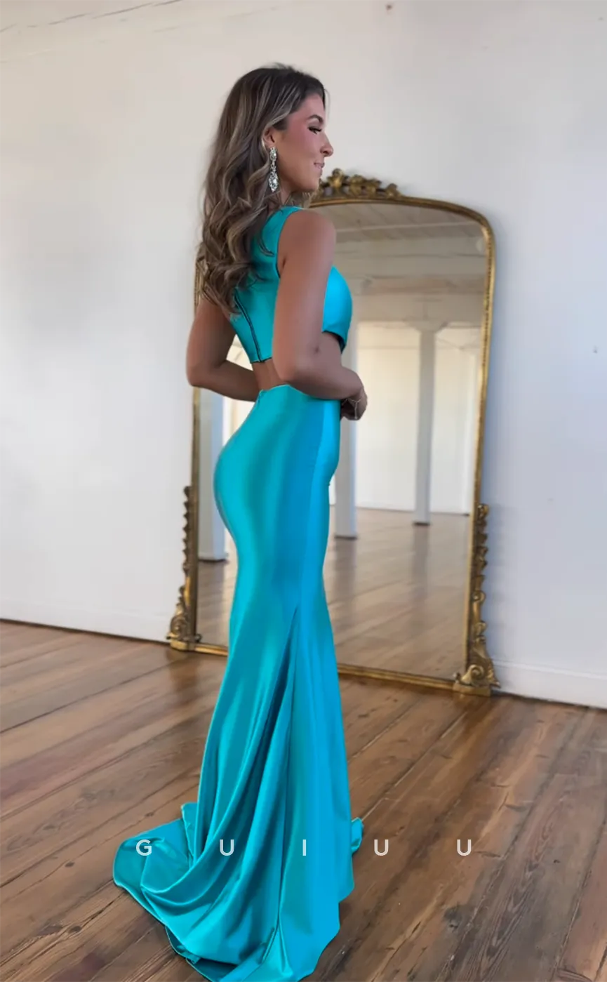 G4413 - Chic & Modren Mermaid One Shoulder Stain Crystal Sleeveless Long Sweep Prom Evening Dress