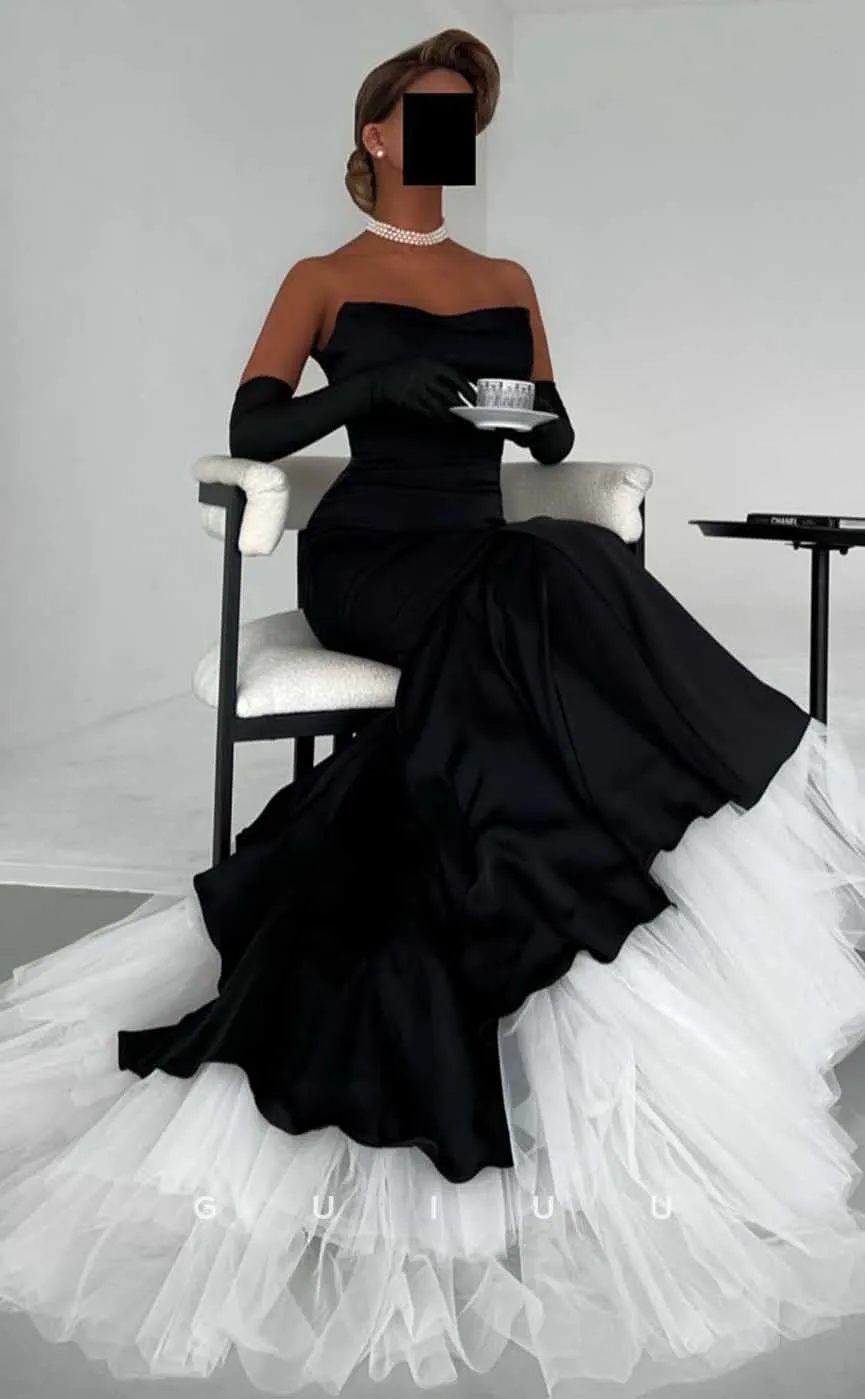 G4524 - Elegant & Timeless Strapless Long Sleeves Black Mermaid Prom Dress with Tulle Train