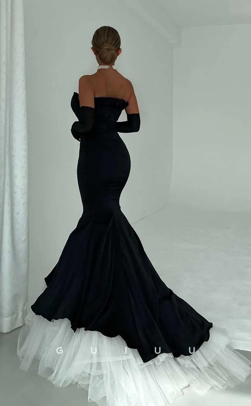 G4524 - Elegant & Timeless Strapless Long Sleeves Black Mermaid Prom Dress with Tulle Train