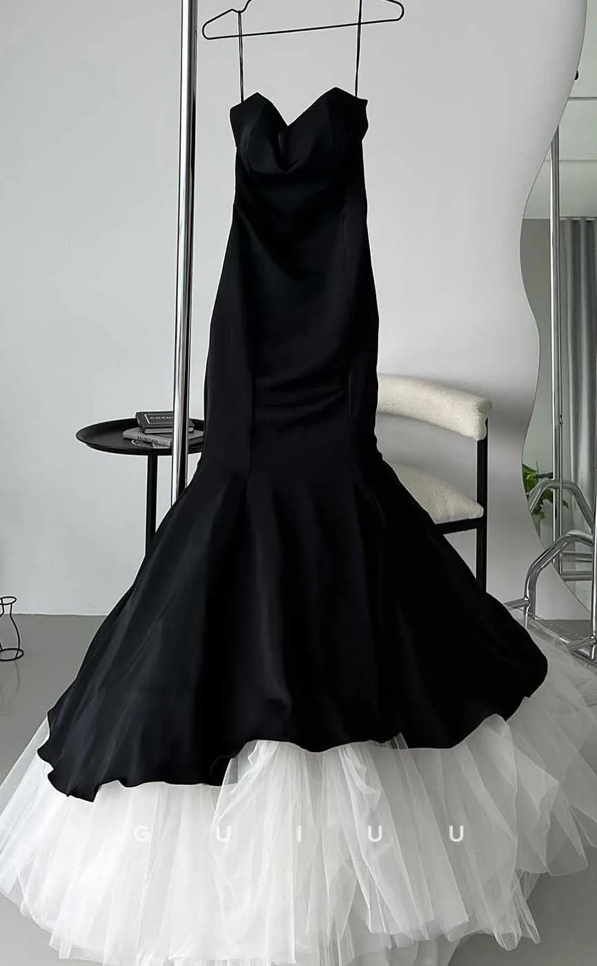 G4524 - Elegant & Timeless Strapless Long Sleeves Black Mermaid Prom Dress with Tulle Train