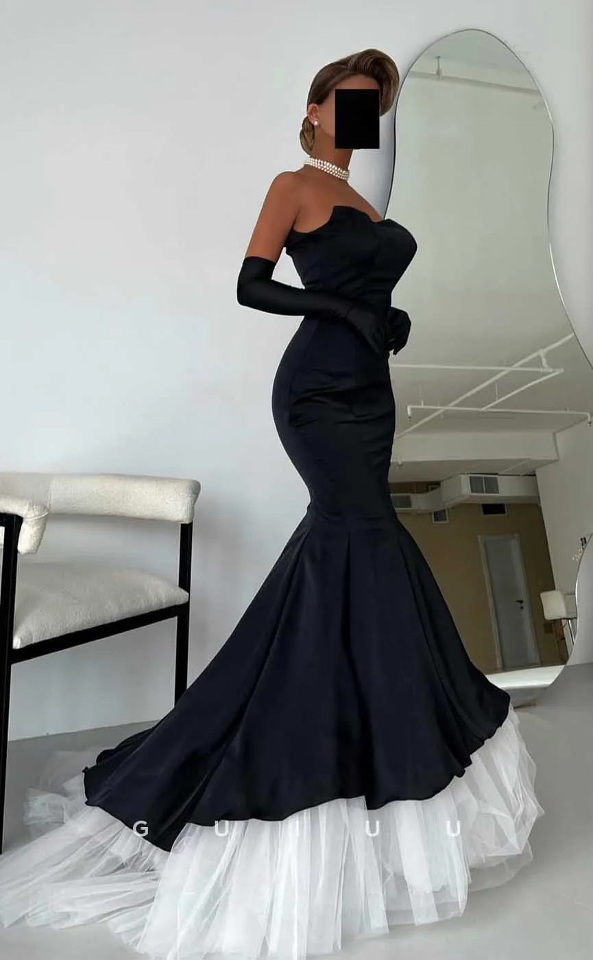 G4524 - Elegant & Timeless Strapless Long Sleeves Black Mermaid Prom Dress with Tulle Train