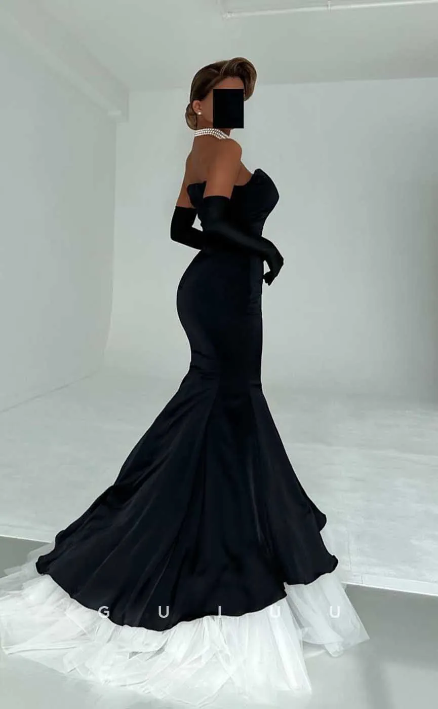 G4524 - Elegant & Timeless Strapless Long Sleeves Black Mermaid Prom Dress with Tulle Train