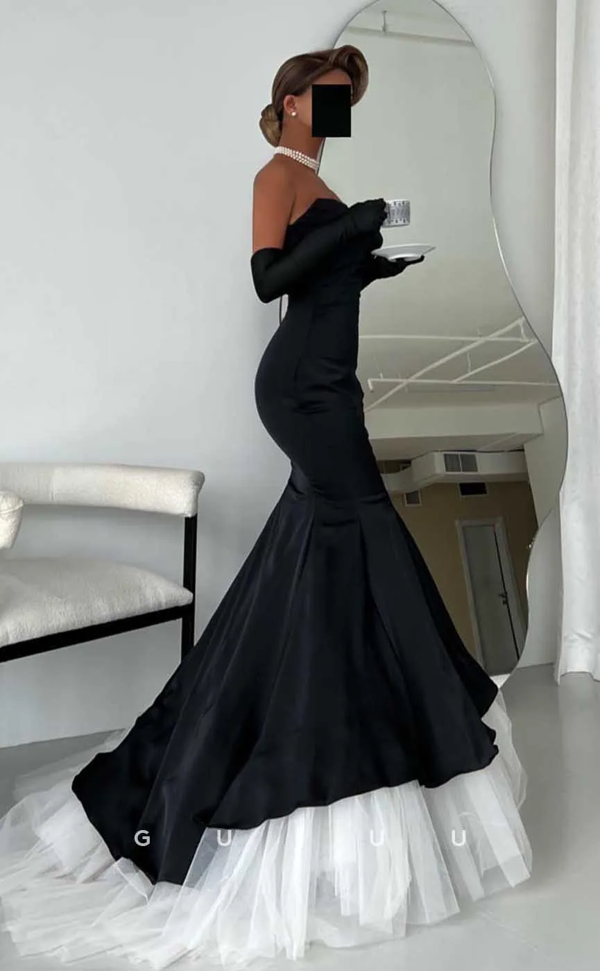 G4524 - Elegant & Timeless Strapless Long Sleeves Black Mermaid Prom Dress with Tulle Train