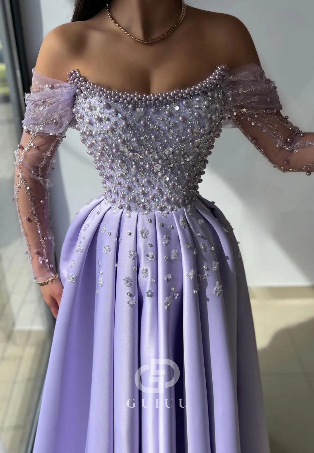 G4728 - A-Line Boat Neck Off Shoulder Long Sleeves Pearls Beadd Long Prom Dress