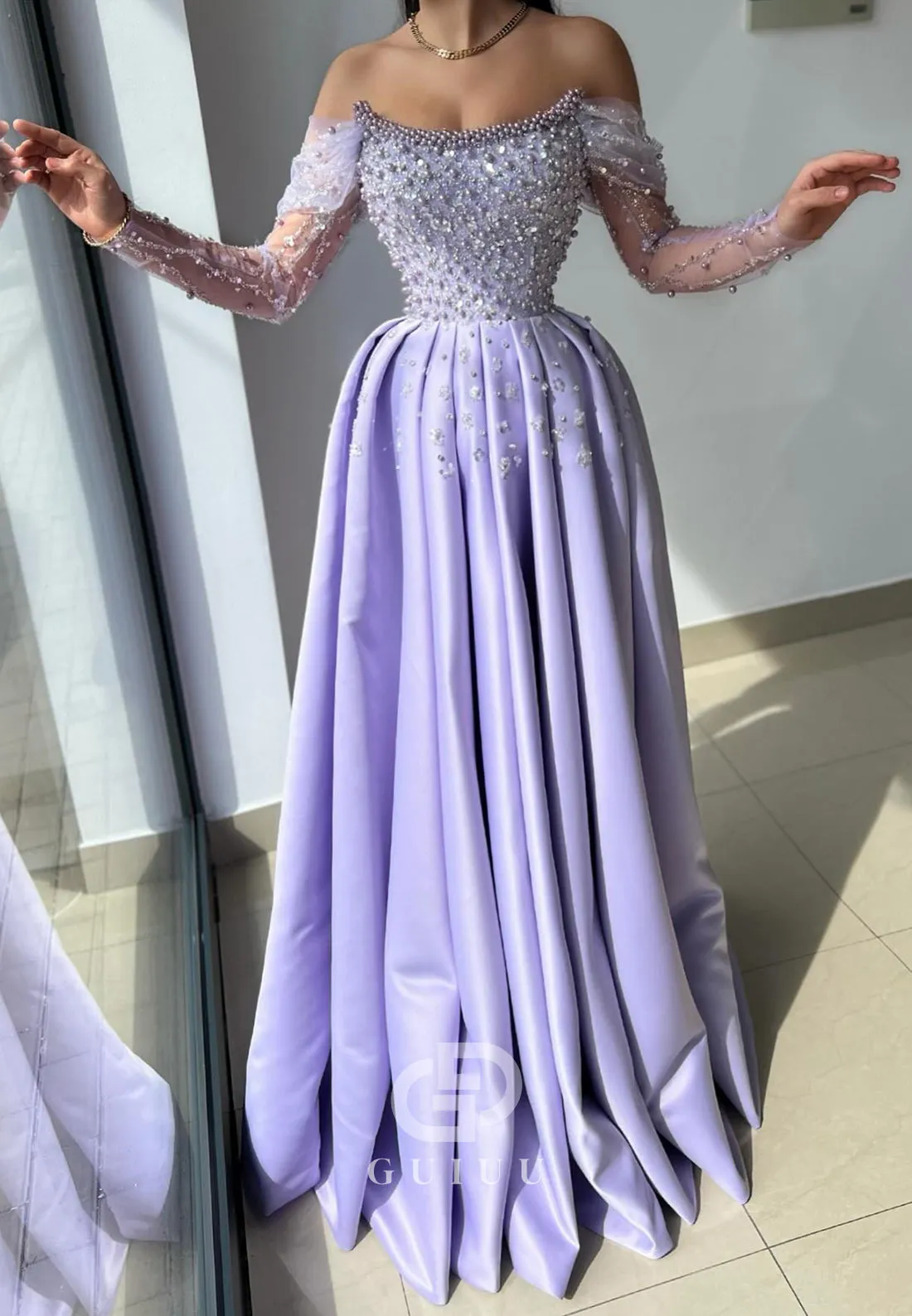 G4728 - A-Line Boat Neck Off Shoulder Long Sleeves Pearls Beadd Long Prom Dress