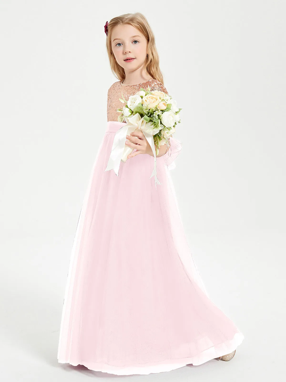 Glamorous Junior Bridesmaid Dresses Sequined Top Blushing Pink