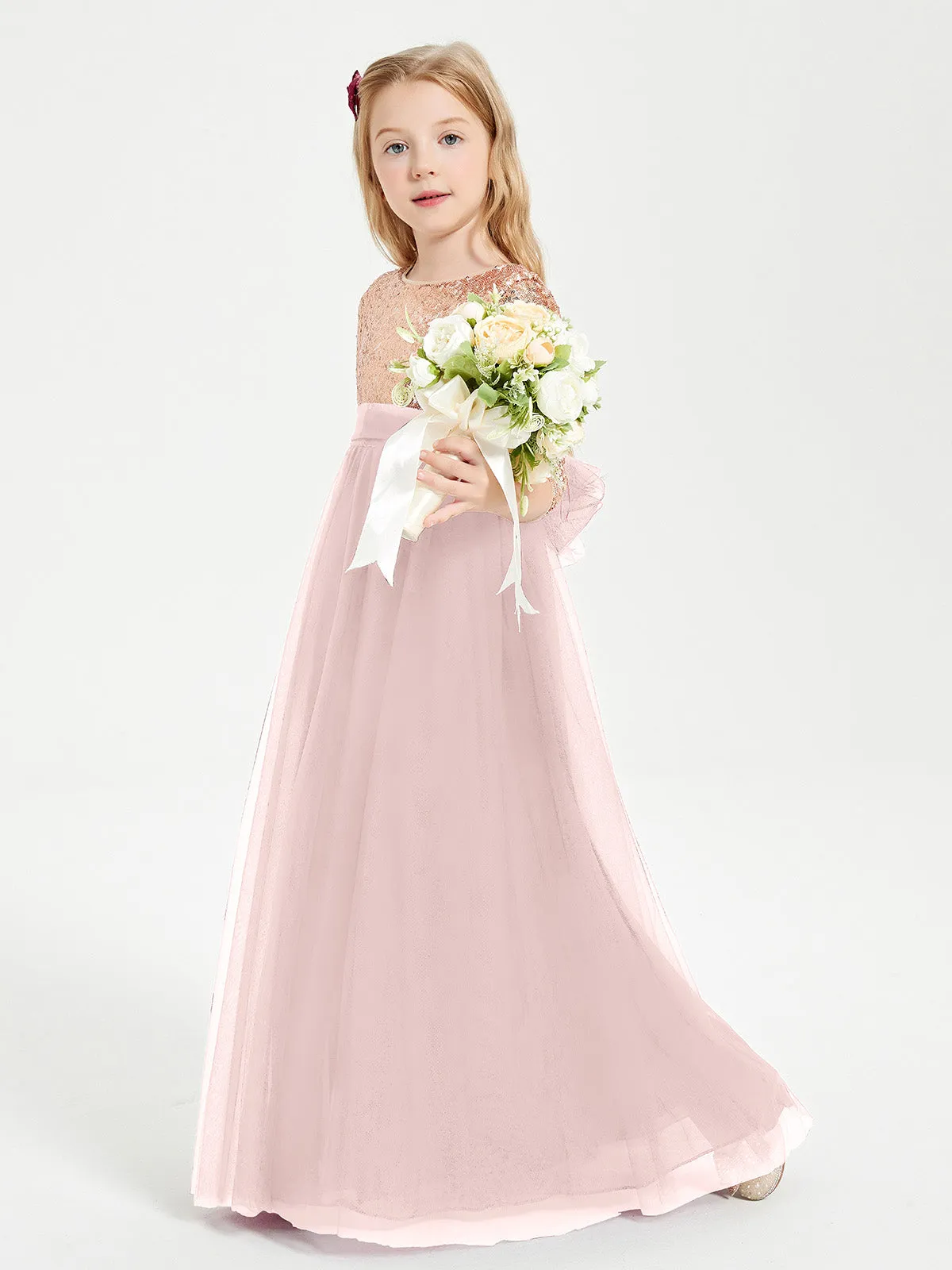 Glamorous Junior Bridesmaid Dresses Sequined Top Dusty Rose