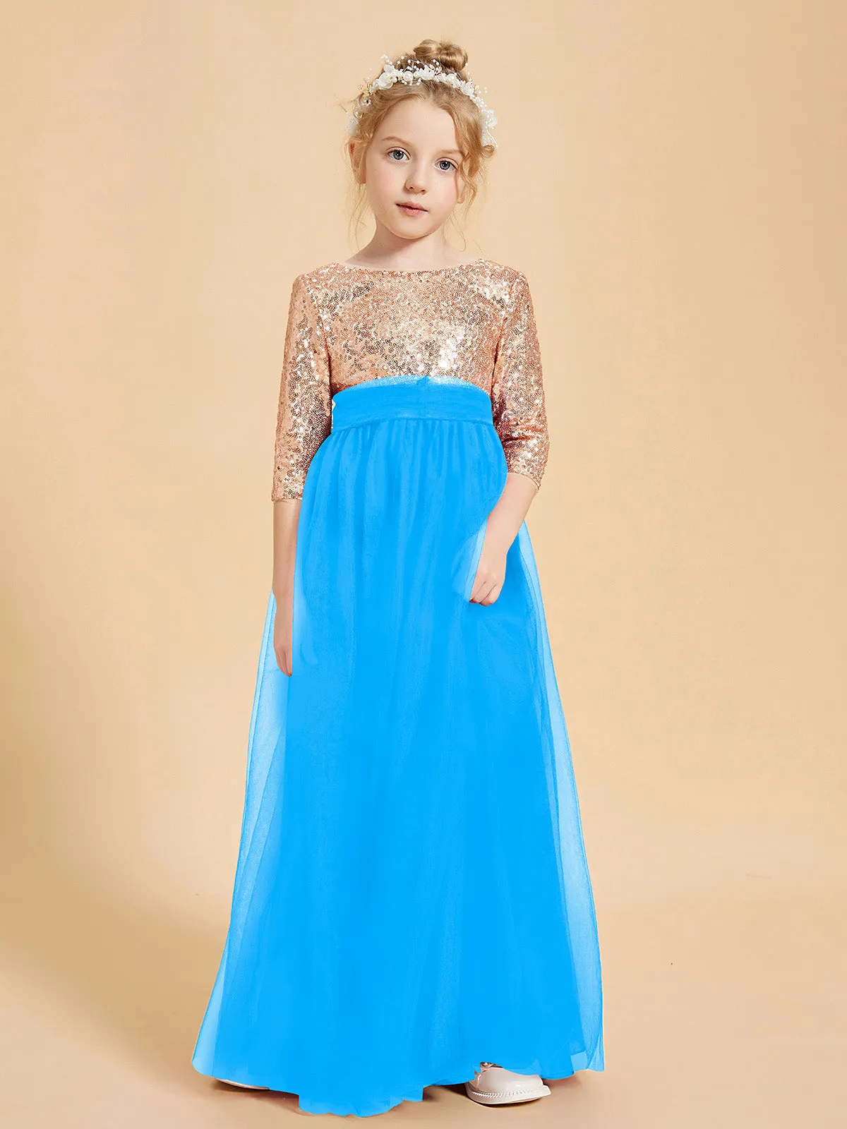 Glamorous Junior Bridesmaid Dresses Sequined Top Ocean Blue