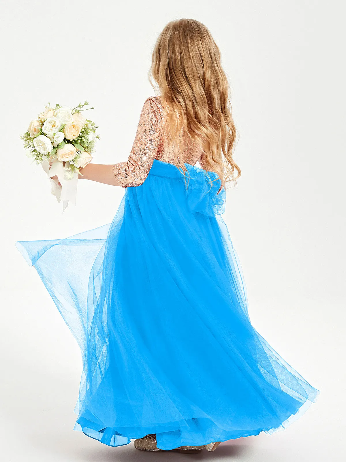 Glamorous Junior Bridesmaid Dresses Sequined Top Ocean Blue