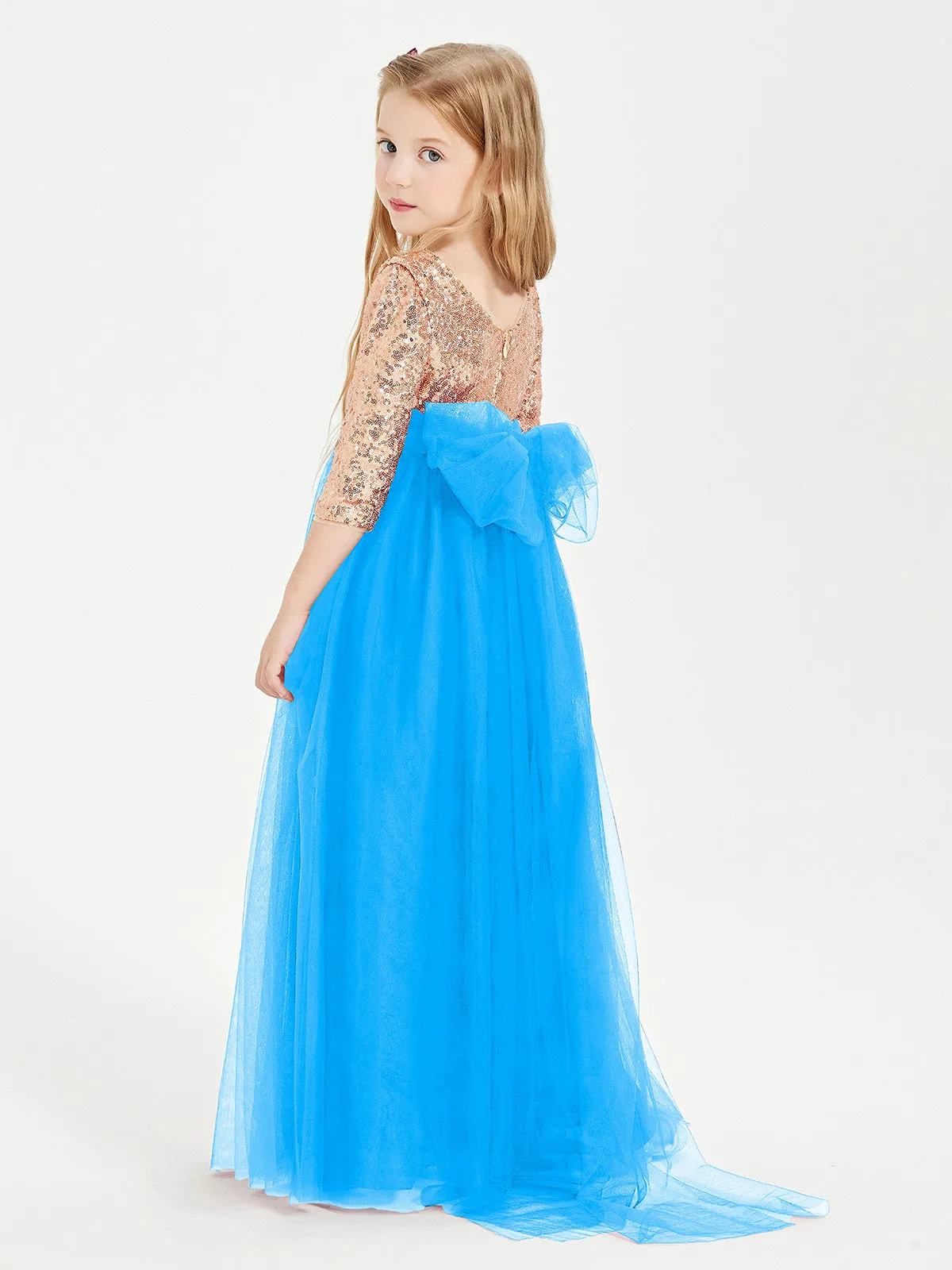 Glamorous Junior Bridesmaid Dresses Sequined Top Ocean Blue