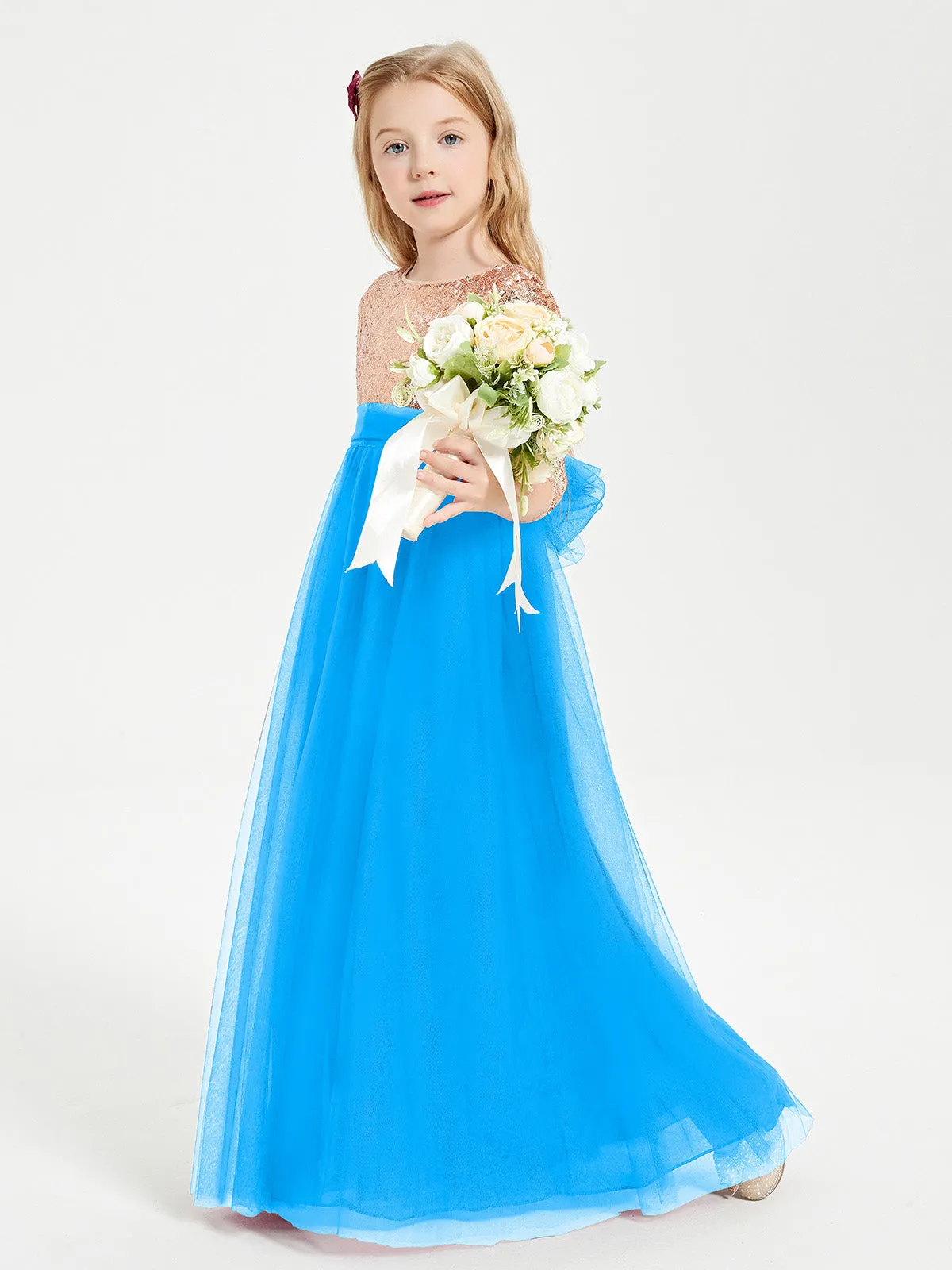 Glamorous Junior Bridesmaid Dresses Sequined Top Ocean Blue