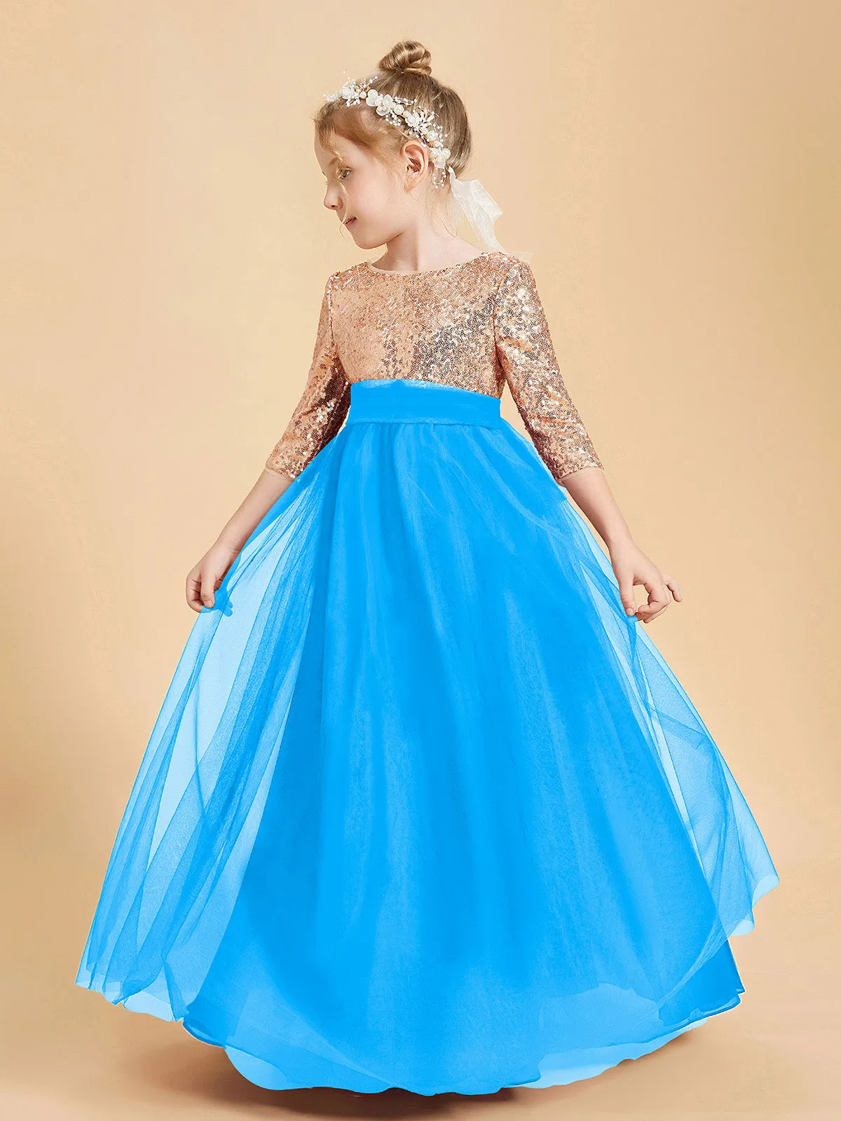 Glamorous Junior Bridesmaid Dresses Sequined Top Ocean Blue