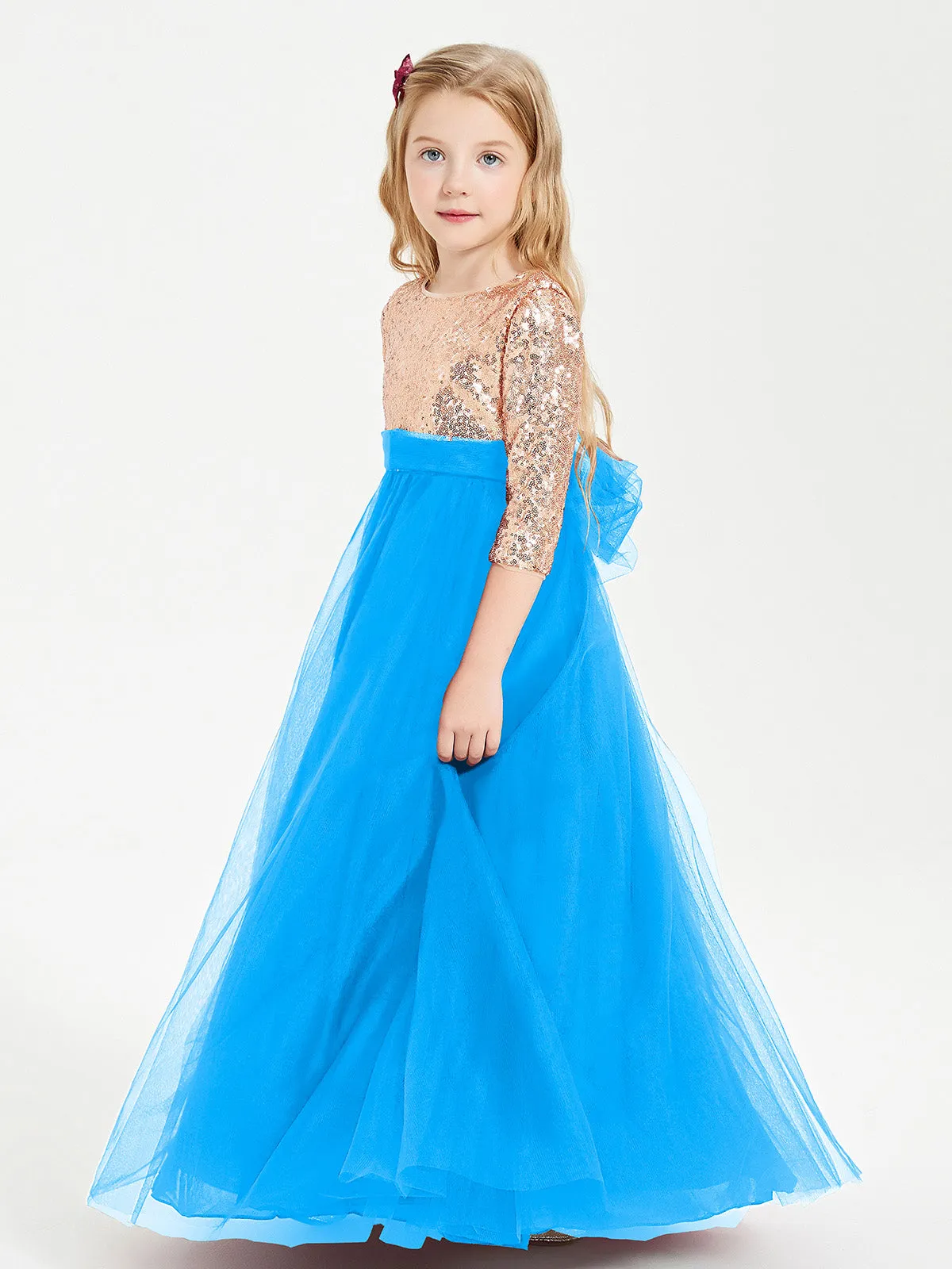 Glamorous Junior Bridesmaid Dresses Sequined Top Ocean Blue