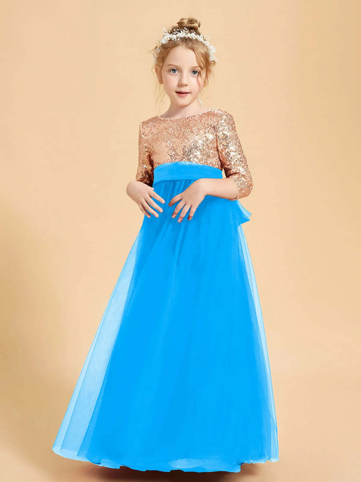 Glamorous Junior Bridesmaid Dresses Sequined Top Ocean Blue