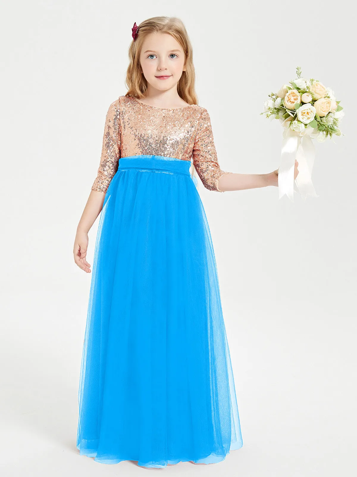 Glamorous Junior Bridesmaid Dresses Sequined Top Ocean Blue