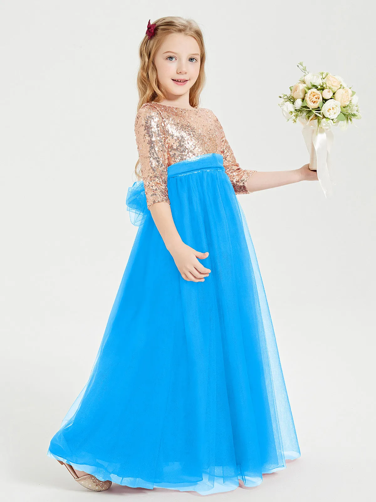 Glamorous Junior Bridesmaid Dresses Sequined Top Ocean Blue