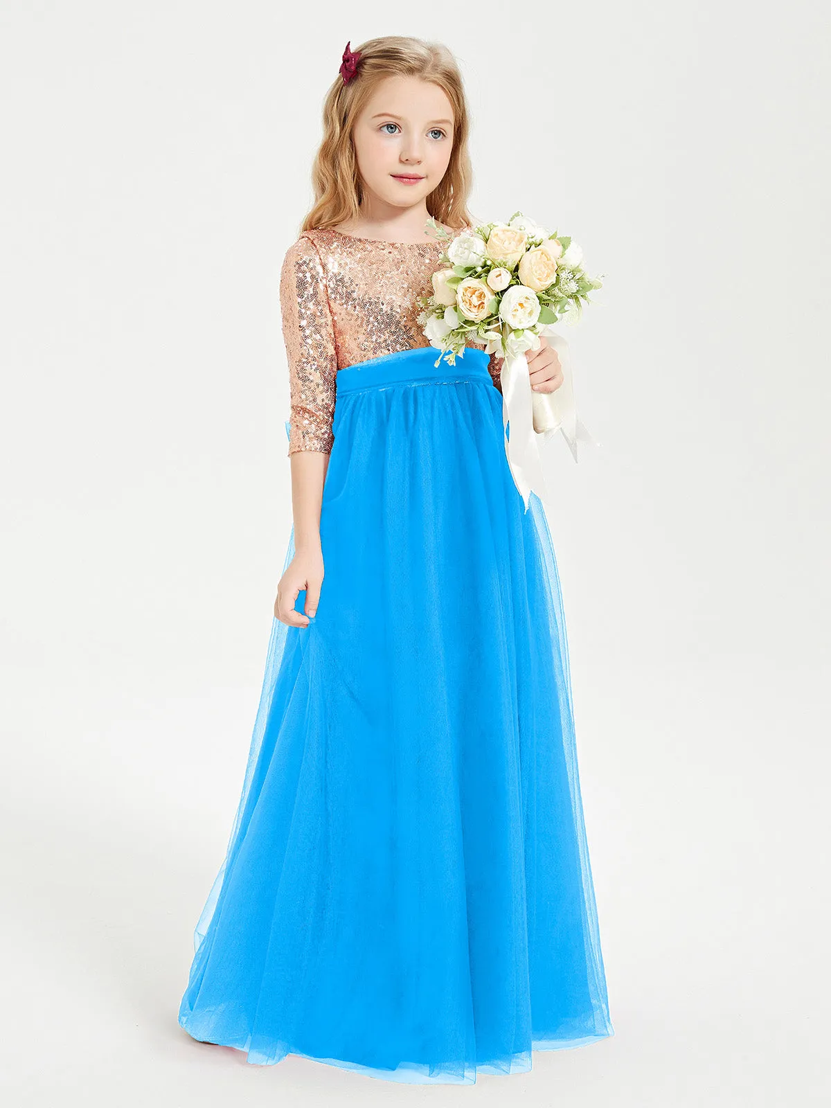 Glamorous Junior Bridesmaid Dresses Sequined Top Ocean Blue