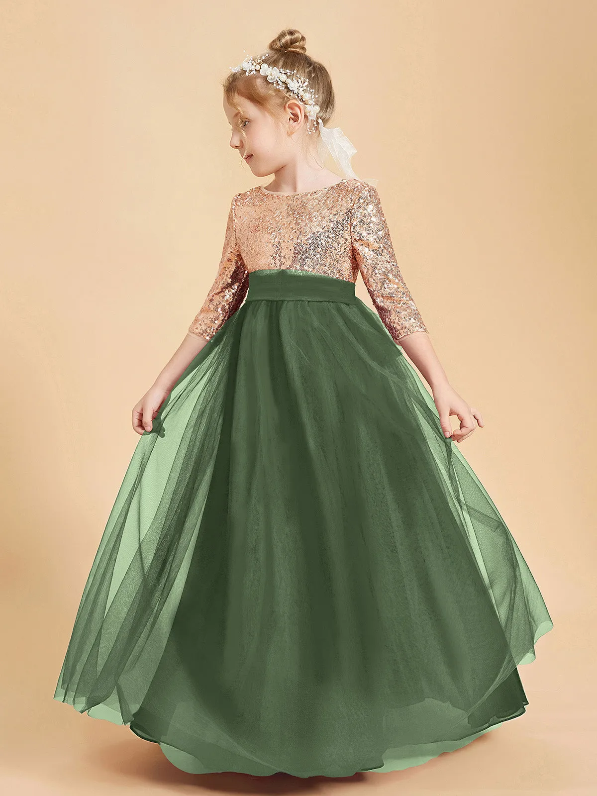 Glamorous Junior Bridesmaid Dresses Sequined Top Olive Green