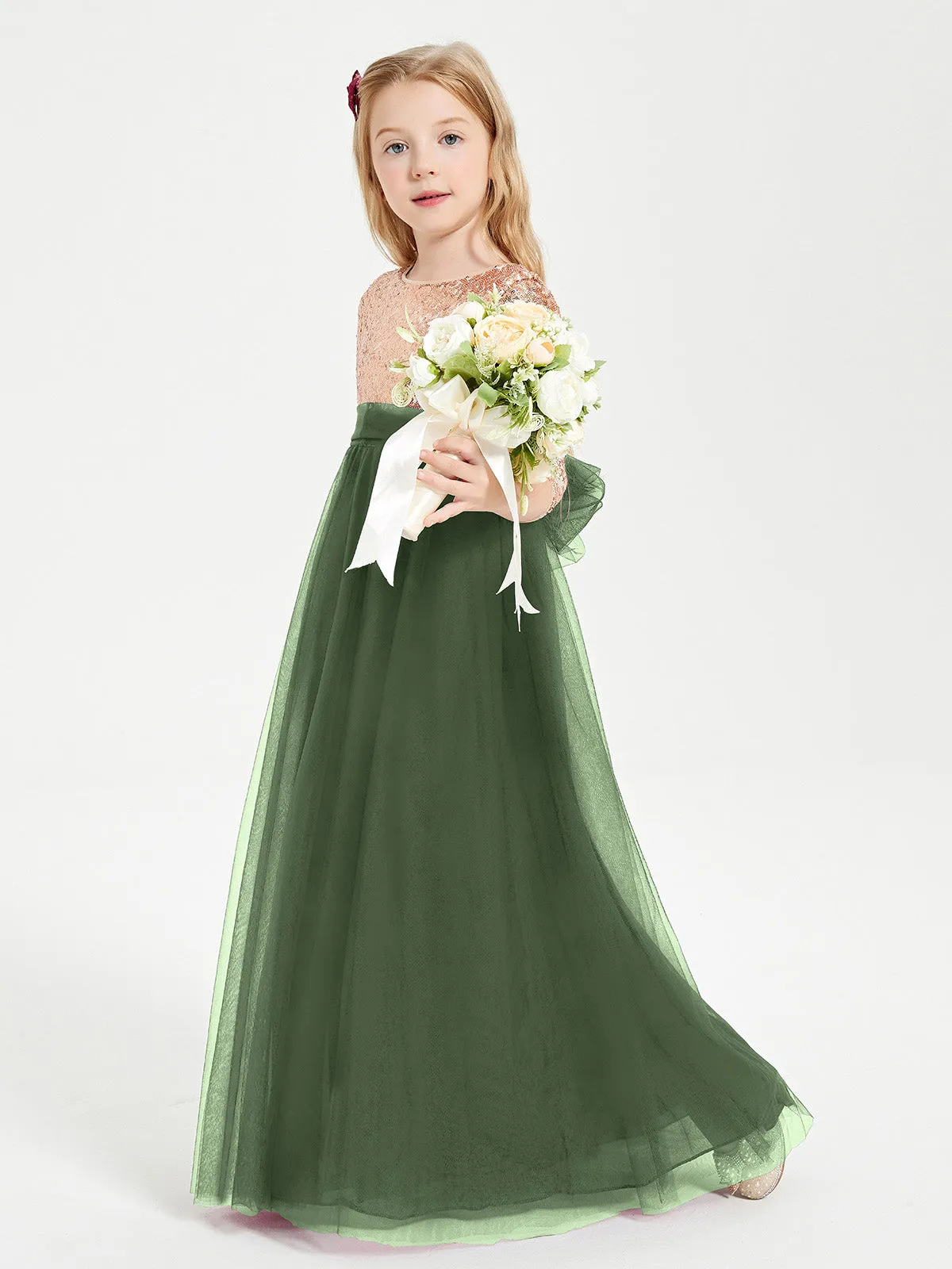 Glamorous Junior Bridesmaid Dresses Sequined Top Olive Green