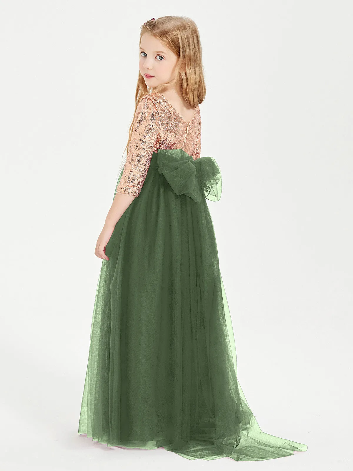 Glamorous Junior Bridesmaid Dresses Sequined Top Olive Green