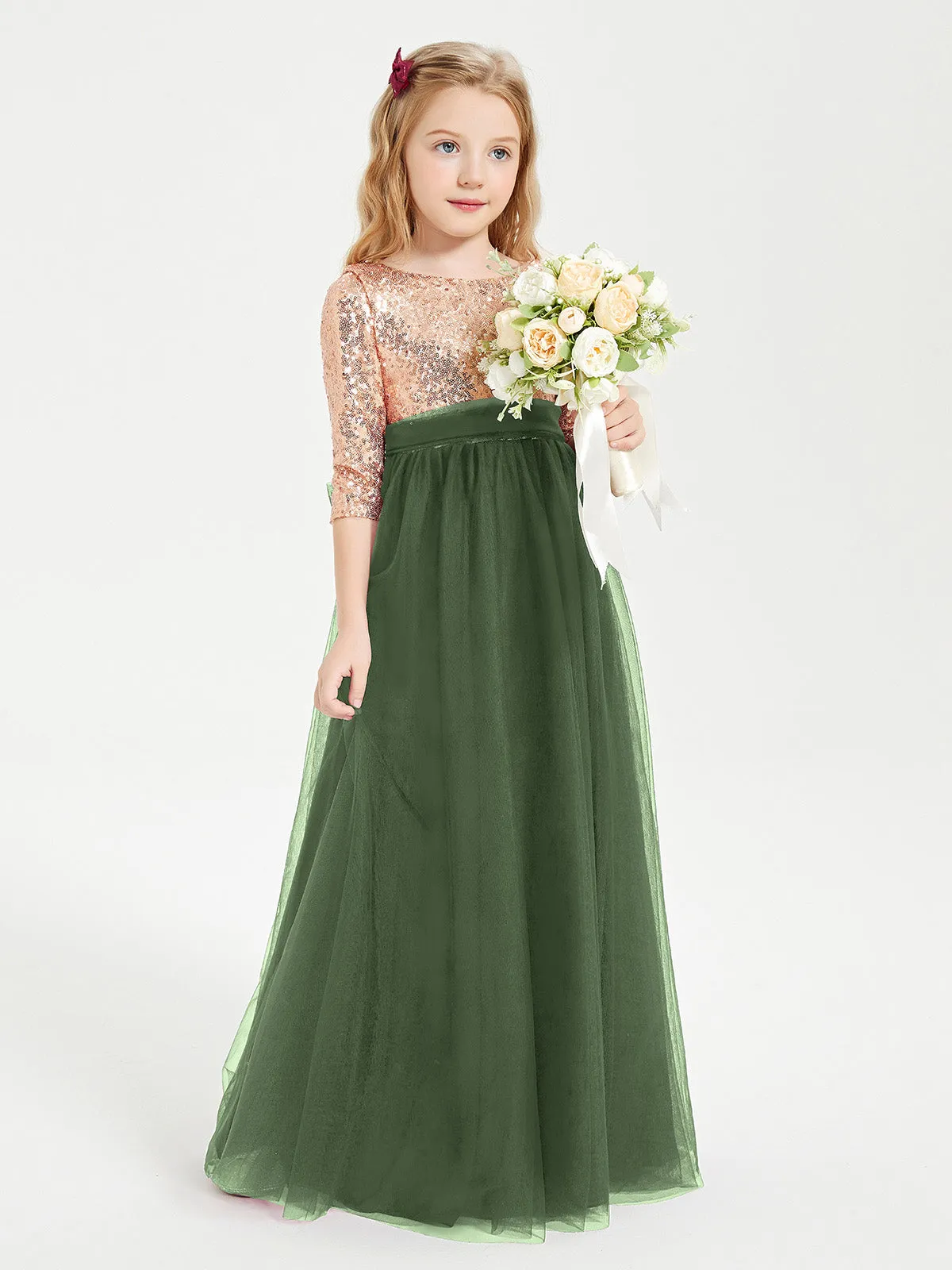 Glamorous Junior Bridesmaid Dresses Sequined Top Olive Green