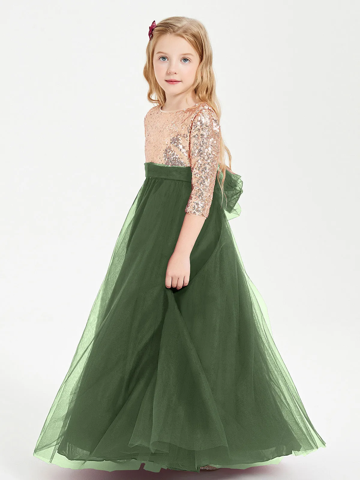 Glamorous Junior Bridesmaid Dresses Sequined Top Olive Green