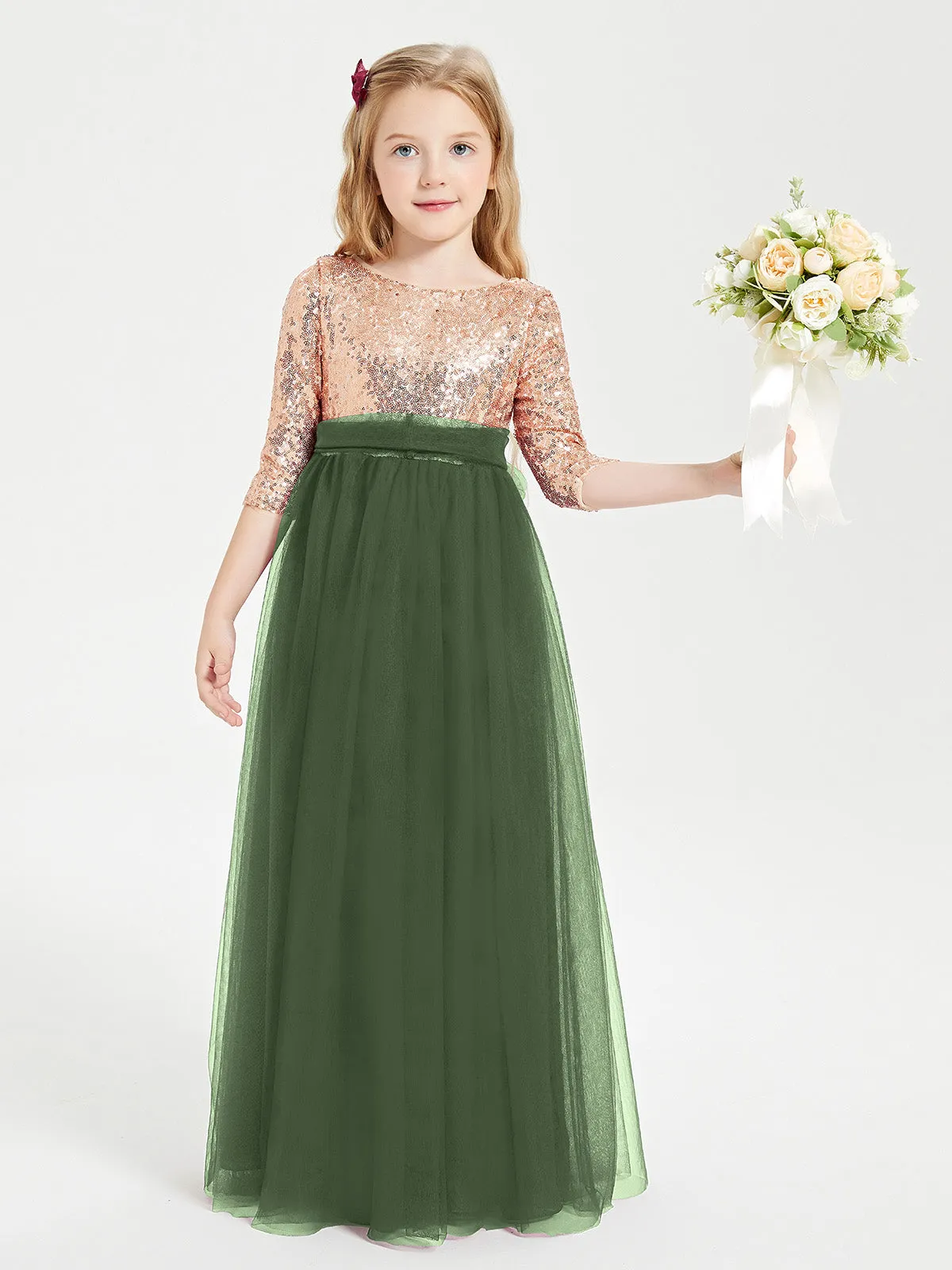 Glamorous Junior Bridesmaid Dresses Sequined Top Olive Green