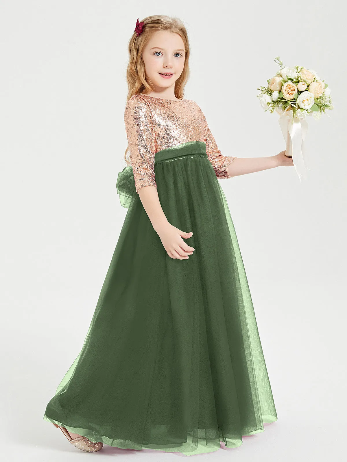 Glamorous Junior Bridesmaid Dresses Sequined Top Olive Green