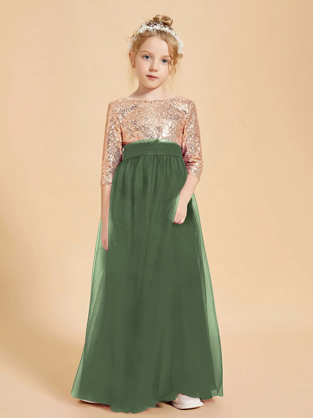 Glamorous Junior Bridesmaid Dresses Sequined Top Olive Green