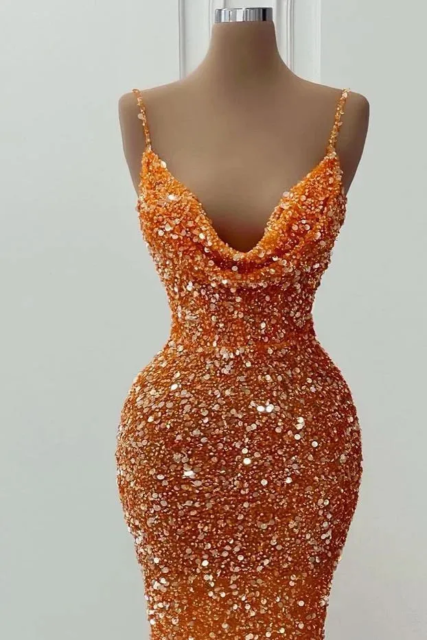 Glamorous Long Orange Spaghetti Straps Sequined Sleeveless Mermaid Prom Dress